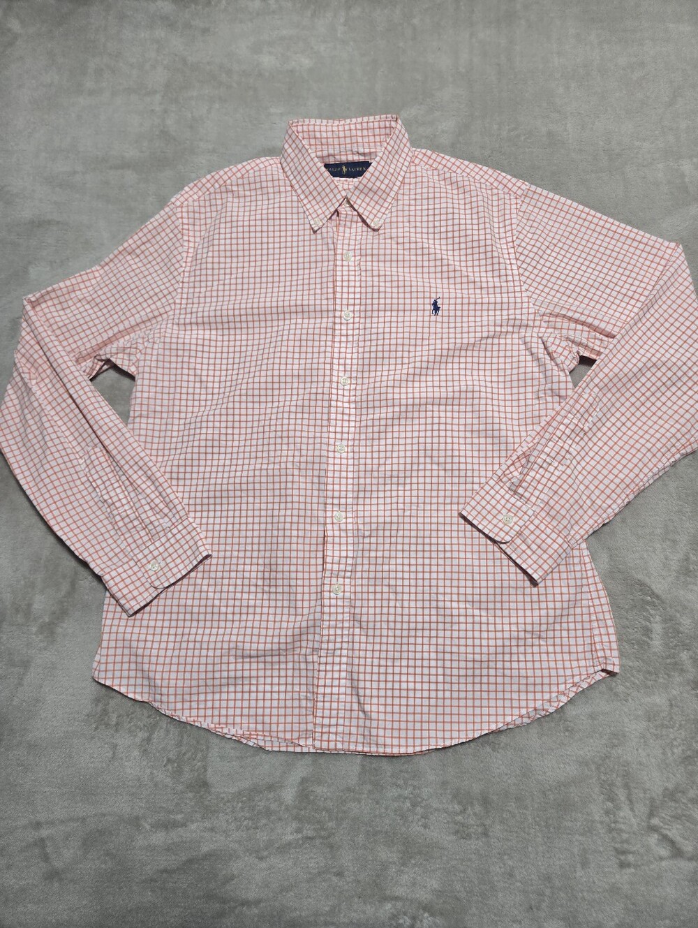 Ralph Lauren Orange White Checked Cotton Button-Down Shirt Mens Size XL Slim Fit